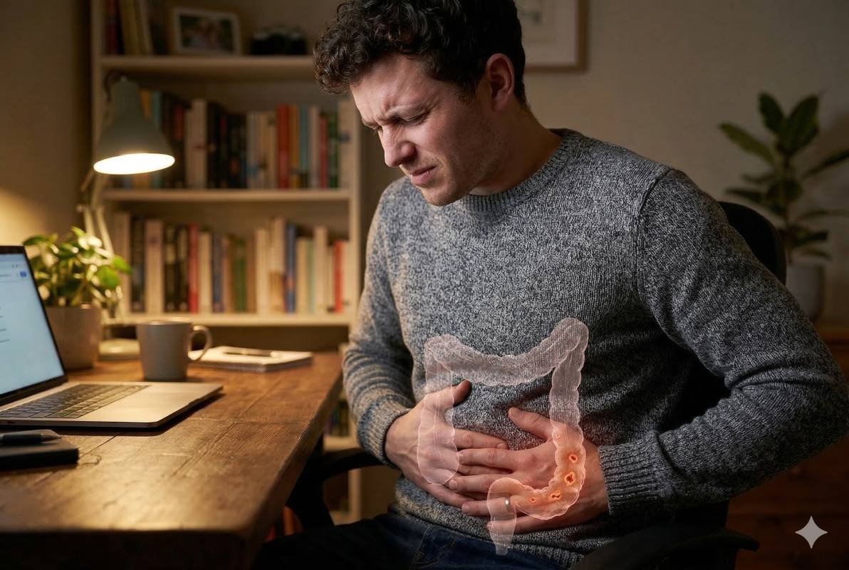 Man holding is lower torso experiencing ulcerative colitis pain