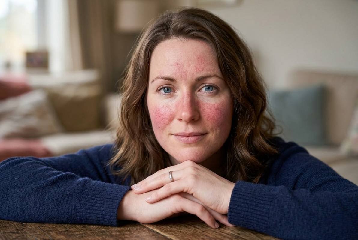 Woman looking at camera presenting with rosacea on her face.