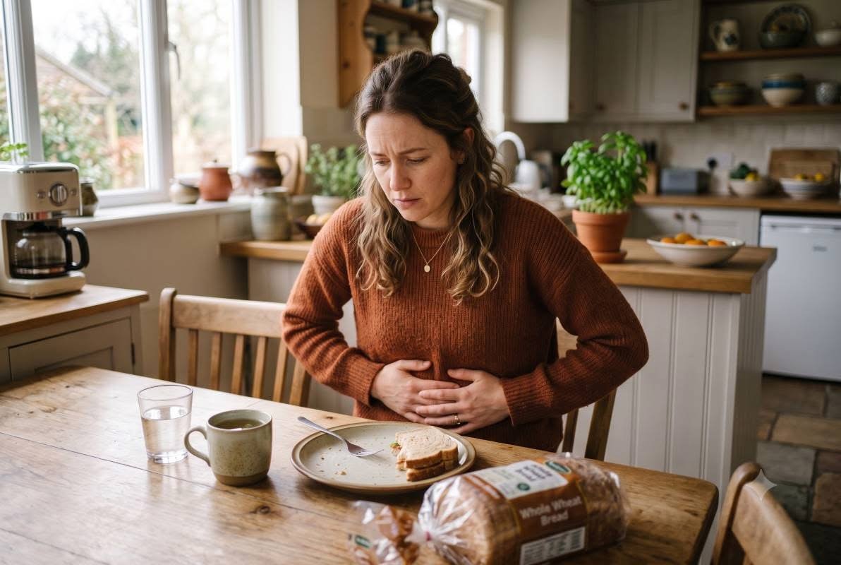 Woman holding stomach after eating bread