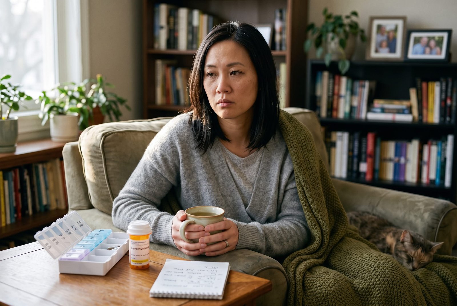 woman sitting with blanket suffering with the hashimotos thyroiditis.