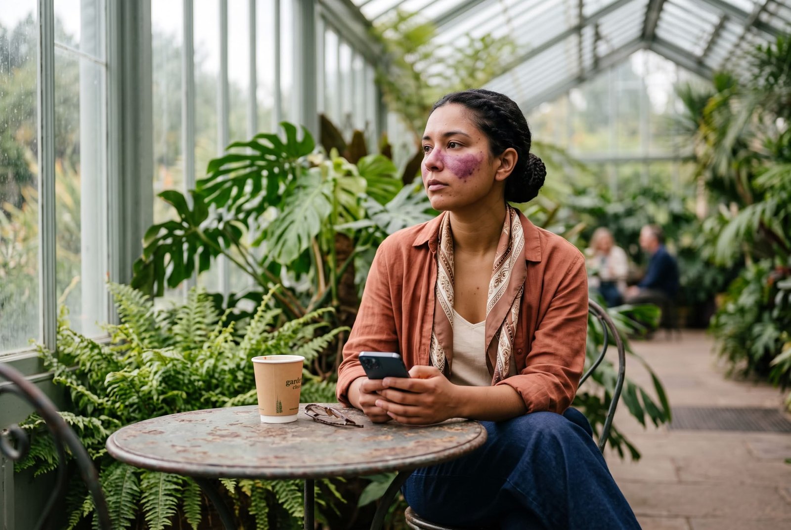 woman sitting at outdoor table has lupus
