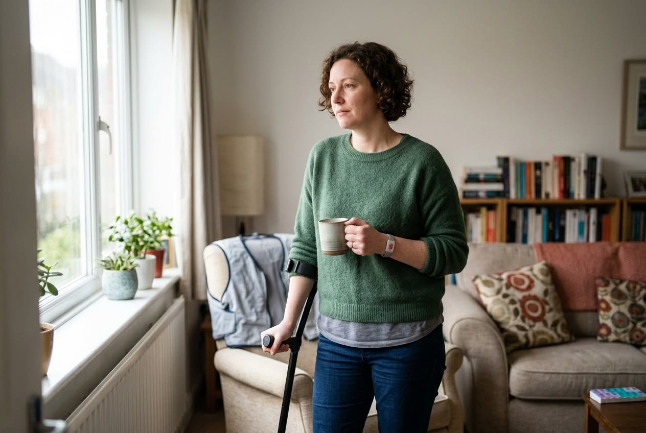 woman with arm crutch suffers with multiple sclerosis