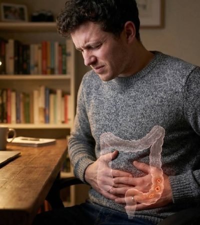 Man holding is lower torso experiencing ulcerative colitis pain